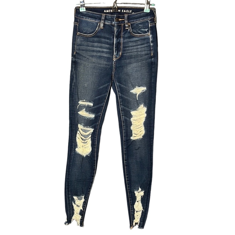 America Eagle Super Hi-Rise Dark‎ blue Ripped Jegging Size 2 Reg